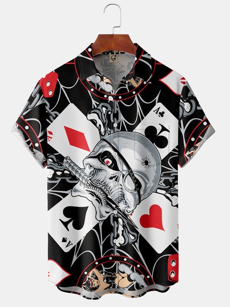 

Men's Art Skull Playing Card Print Casual Breathable Hawaiian Short Sleeve Shirt, Black, Short Sleeve Shirts