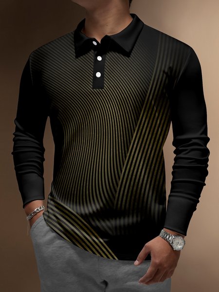 

Casual Art Collection 3D Gradient Striped Geometric Block Pattern Lapel Button Long Sleeve Print Polo Shirt, Black, Polo Shirts
