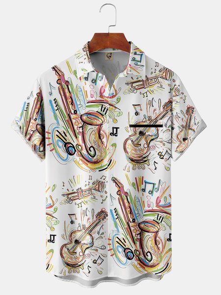

Men's Music Hawaiian Lapel Guitar Short Sleeve Shirt, White, Short Sleeve Shirts