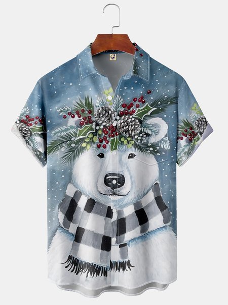 

Men's Christmas Bear Print Fashion Hawaiian Lapel Short Sleeve Shirt, Blue, Short Sleeve Shirts
