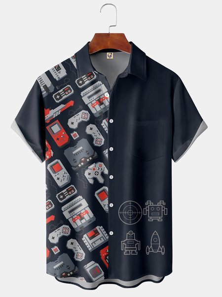 

Men's Casual Asymmetrical Game Nostalgia Short Sleeve Shirt, Blue, Short Sleeve Shirts