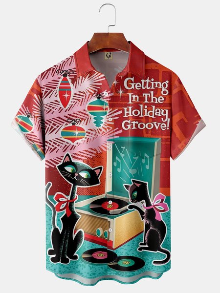 

Men's Cat Print Fashion Hawaiian Lapel Short Sleeve Shirt, Red, Short Sleeve Shirts