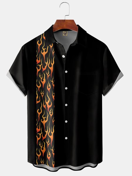 

Men's Casual Short Sleeve Hawaiian Shirt with Chest Pocket Print, Black, Short Sleeve Shirts