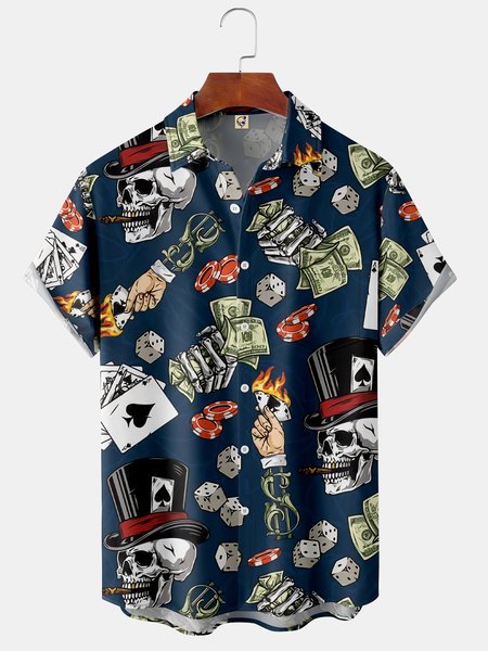 

Men's Art Playing Card Print Casual Breathable Hawaiian Short Sleeve Shirt, Blue, Short Sleeve Shirts