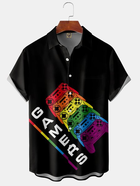 

Men's Painted Colorful Retro Game Short Sleeves Shirt, Black, Short Sleeve Shirts