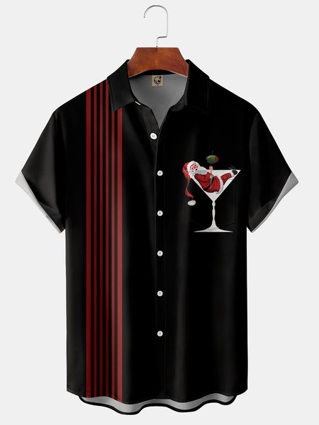 

Men's Santa Print Casual Breathable Hawaiian Short Sleeve Shirt, Black, Short Sleeve Shirts