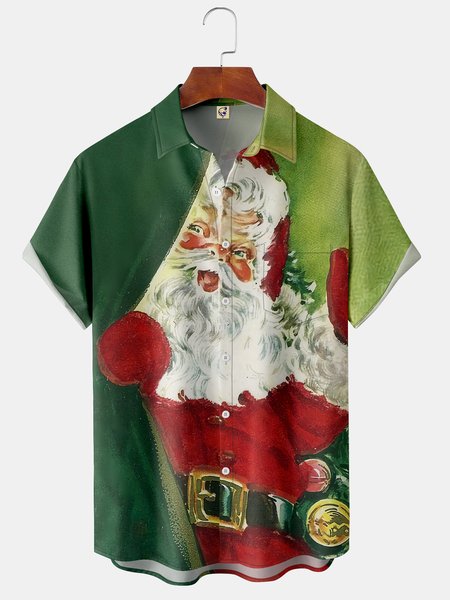 

Men's Santa Print Casual Breathable Hawaiian Short Sleeve Shirt, Green, Short Sleeve Shirts