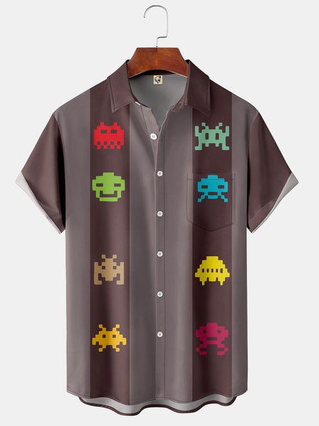 

Men's Retro Game Print Fashion Hawaiian Lapel Short Sleeve Shirt, Red brown, Short Sleeve Shirts