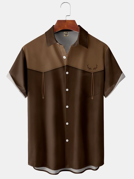 

Men's Vintage Geometric Christmas Elk Antlers Print Fashion Hawaiian Short Sleeve Shirt, Brown, Short Sleeve Shirts