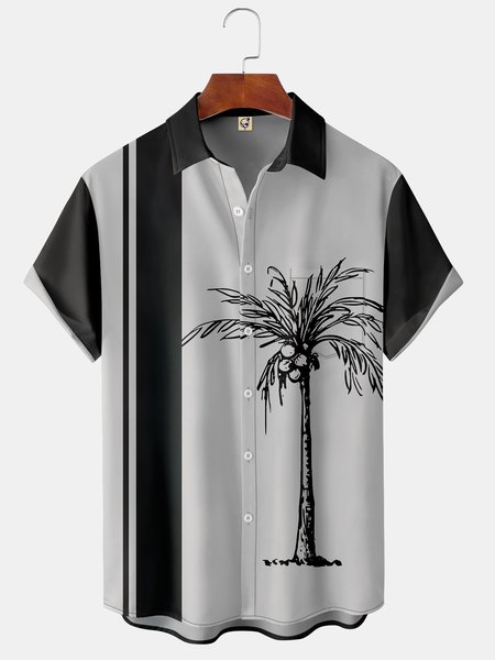 

Mens Coconut Tree Print Front Buttons Soft Breathable Chest Pocket Casual Bowling Shirt, Gray, Short Sleeve Shirts