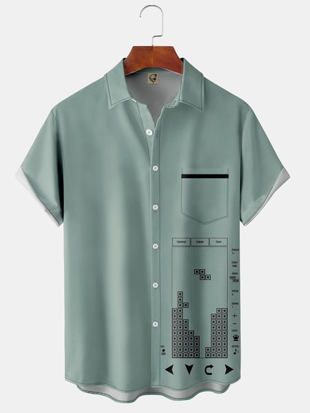 

Men's Games Tetris Hawaiian Lapel Short Sleeve Shirt, Green, Short Sleeve Shirts
