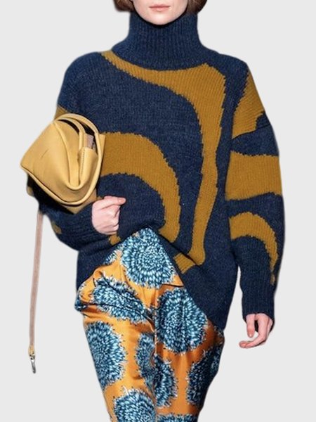 

Urban Turtleneck Geometric Color Block Sweater, As picture, Pullovers