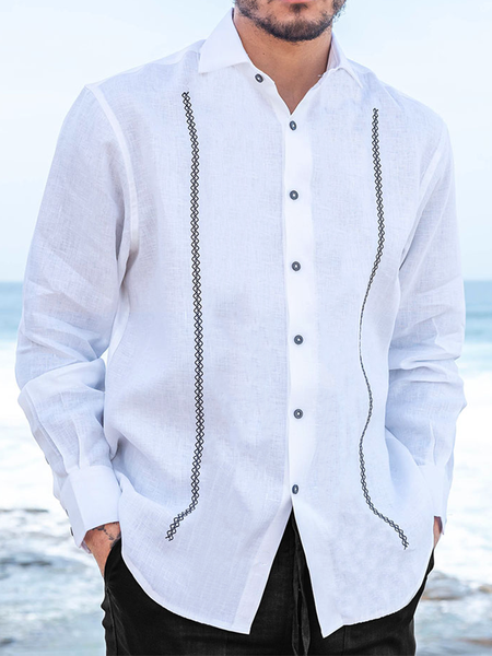 

n style casual geometric embroidered long sleeved linen shirt in cotton and linen style, As picture, Long Sleeve Shirts