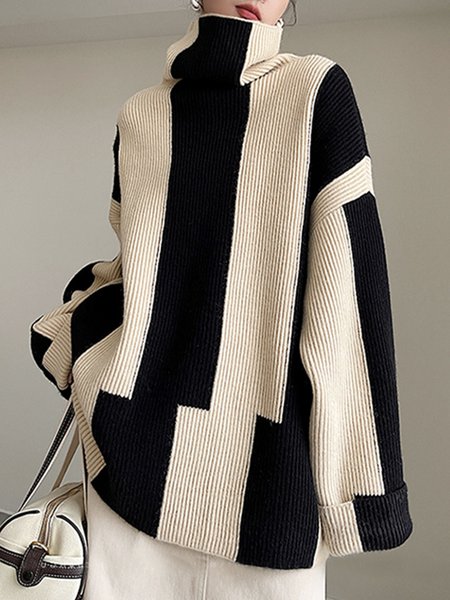 

Striped Daily Long sleeve Simple Turtleneck Sweater, Beige, Pullovers