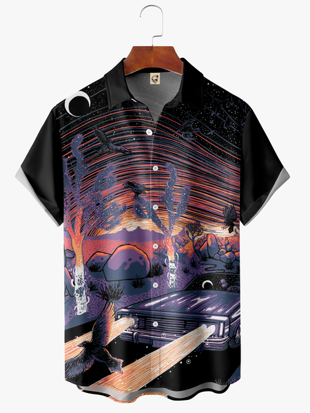 

Men's Coconut Tree Car Print Fashion Hawaiian Lapel Short Sleeve Shirt, Black, Short Sleeve Shirts