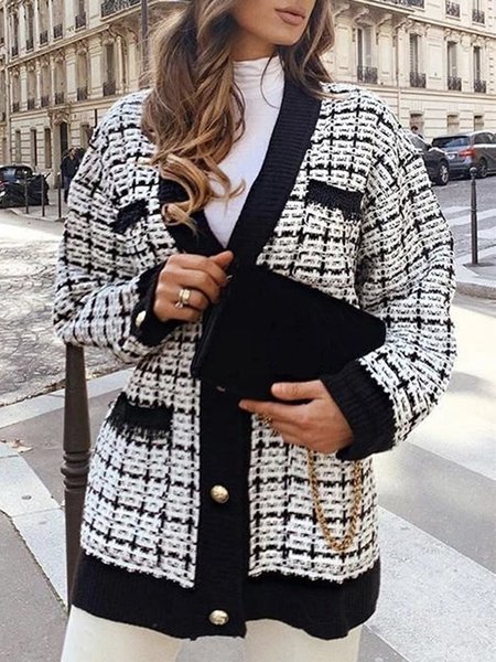

V neck Long sleeve Plaid Elegant Sweater Coat, Black, Cardigans