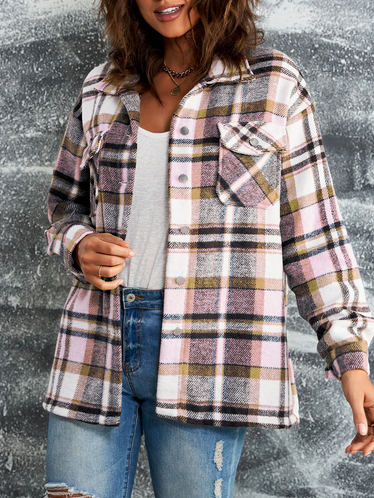 

Casual Plaid Print Drop Shoulder Pocket Jacket, Dusty pink, Jackets