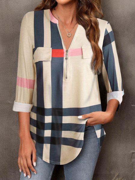 

Casual Zipper Regular Fit Striped Casual Tops, Apricot, Tops