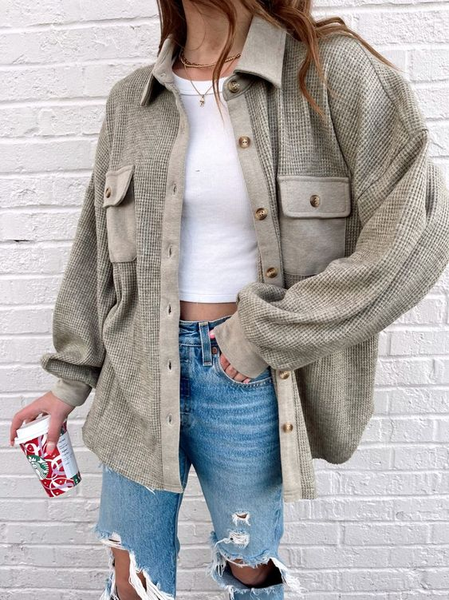 Casual Plaid Print Collar Jacket, Gray, Jackets