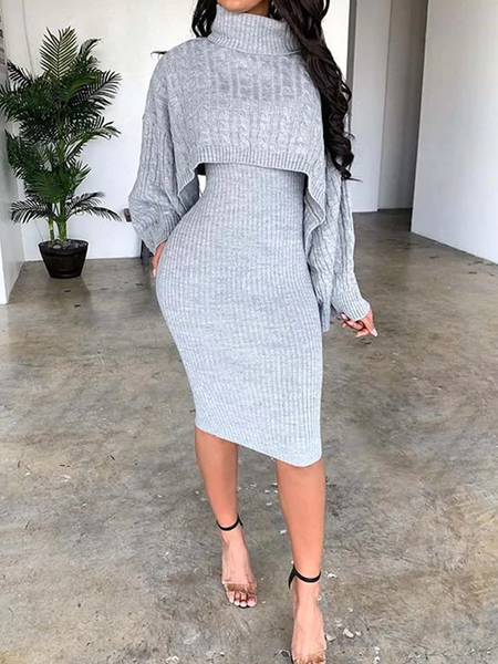 

High Elasticity Turtleneck Regular Fit Elegant Two Piece Sets, Gray, Two-piece Set