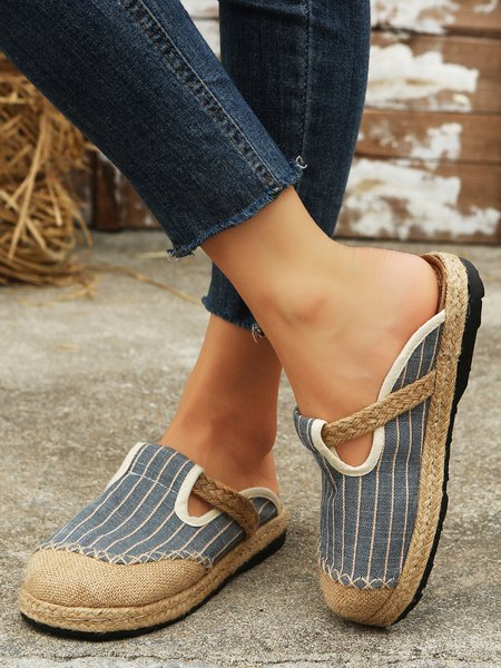 

Bohemian Ethnic Stripes Straw Sole Mules, Gray, Flats