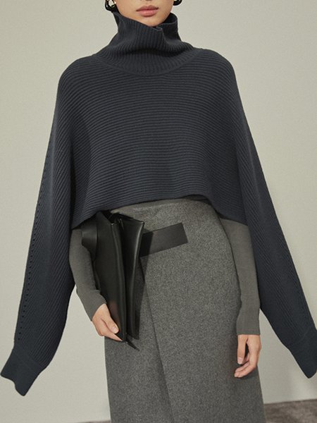 

Daily Turtleneck Long sleeve Plain Simple Sweater, Gray, Pullovers
