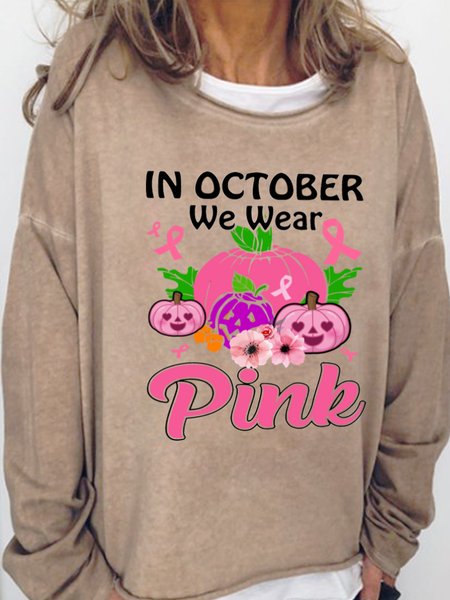 

In October We Wear Pink With Pink Pumpkin Women's Pink Day Breast Cancer Awareness Day Halloween Sweatshirt, Light brown, Hoodies&Sweatshirts