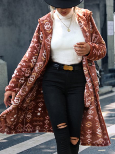 

Geometric Plaid Flannel warm hood button coat plus size, Multicolor, Sweaters