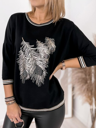 

Silky Feather Floral Round Neck Loose Sweatshirt, Black, Hoodies & Sweatshirts