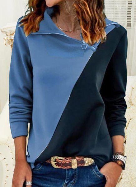

Contrast Panel Zip Collar Loose Sweatshirt, Blue, Sweatshirts & Hoodies