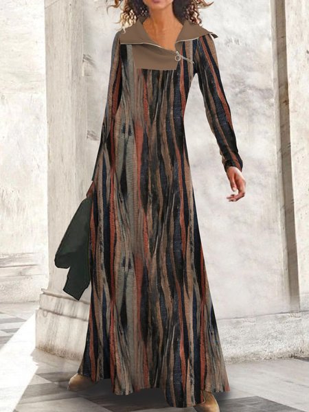 

Gradient geometric stripe zipper Lapel A-shaped Long Dress Plus Size, Multicolor, Dresses