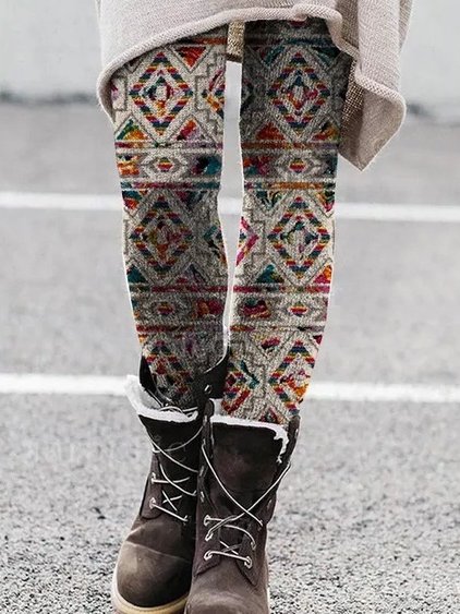 High Elastic Band Ethnic Leggings, Multicolor, Leggings