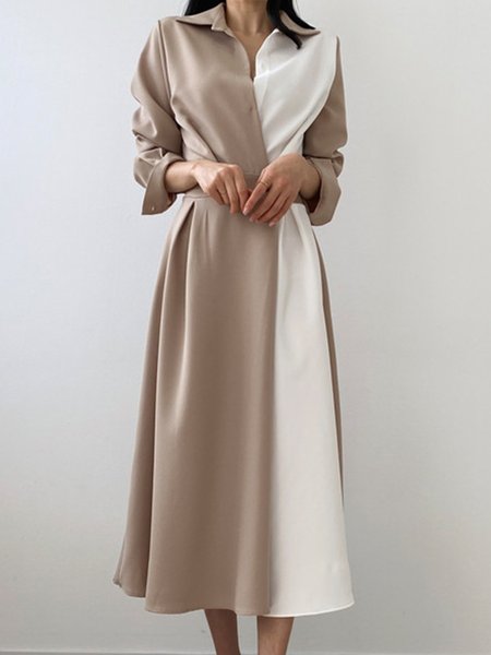 

Long sleeve Shirt Collar Urban Color Block Midi Dress, Light coffee, Midi Dresses