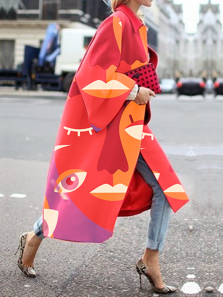 

Loose Graffiti Shirt Collar Urban Long sleeve Long Overcoat, Red, Coats