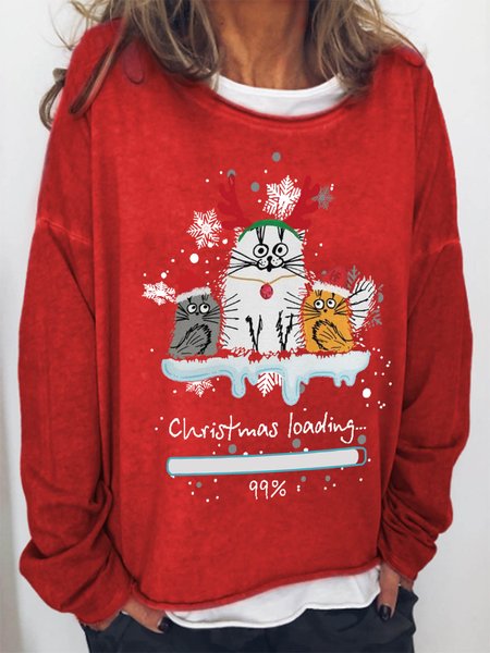 

Women Funny Cat Christmas Loading 99% Simple Crew Neck Sweatshirts, Red, Hoodies&Sweatshirts