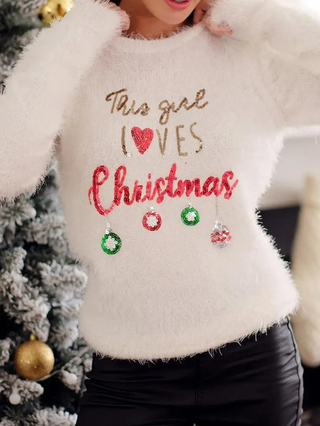 

Christmas Letter Heart Pattern Sequins Fluffy Ugly Sweater, White, Sweaters & Cardigans