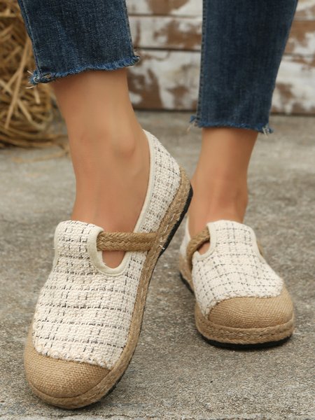 

Bohemian Ethnic Style Plaid Straw Flats, White, Flats