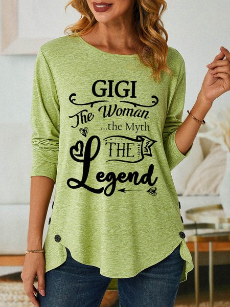 Women Gigi Grandma Cotton-Blend Loose Text Letters Top, Green, Long sleeves