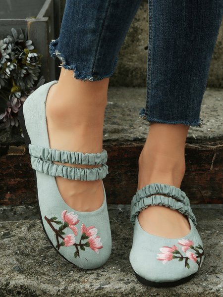 Bohemian Ethnic Floral Embroidery Linen Mary Jane Flats, Green, Flats