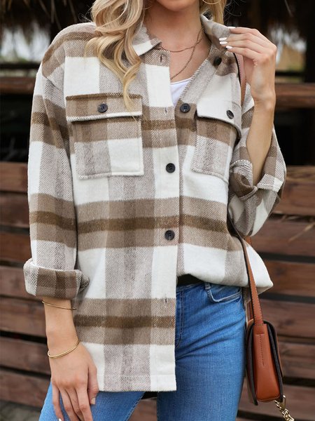 

Plaid Boho Woolen Buttoned Jacket, Khaki, Outerwear