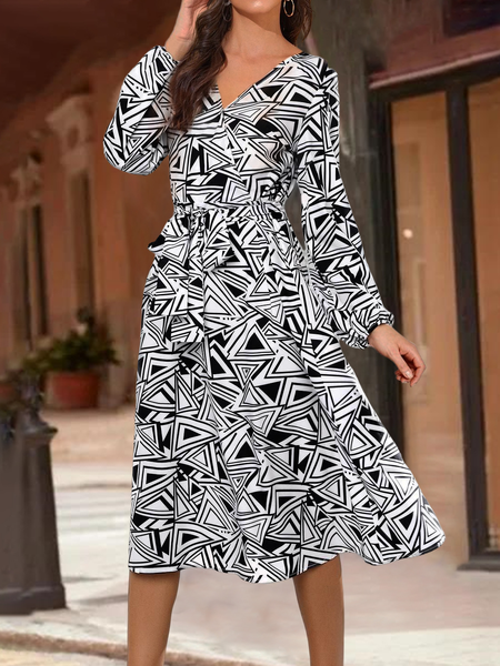 

Casual Geometric Print Belted Long Sleeve Dress With Belt, White, Midi Dresses
