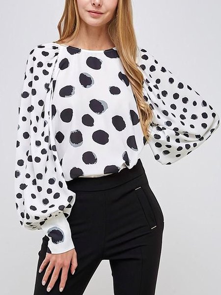 

Loose Lantern Sleeve Polka Dots Urban Blouse, White, Blouses and Shirts