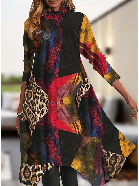 

Loose Colorblock Crew Neck Dresses, Multicolor, Dresses