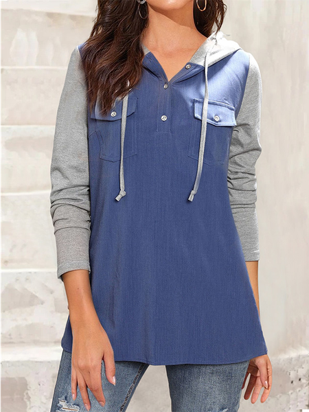 

Casual Pocket Contrast Blue Long Sleeve Hooded Blouse, Hoodies & Sweatshirts