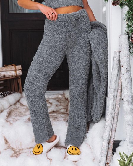 

Soft Knitted Elastic Waistband Plush Trousers, Gray, Pants