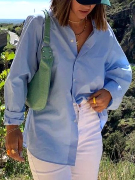 

Blue Loose Shawl Collar Plain Buttoned Blouse, Blouses & Shirts