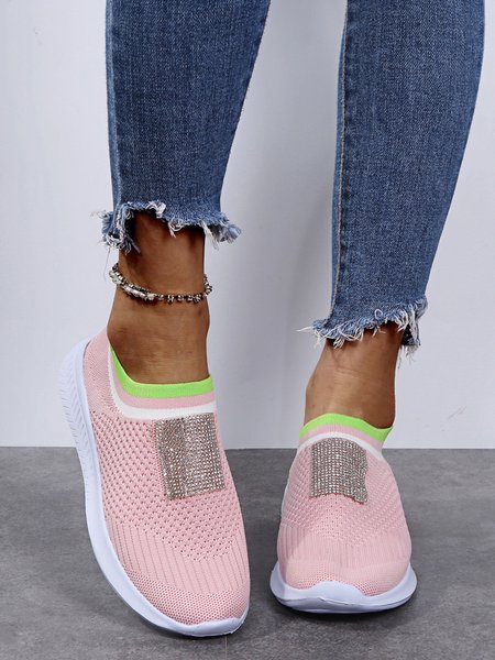 

Rhinestone Soft Easy Flat Flyknit Casual Sneakers, Pink, Sneakers