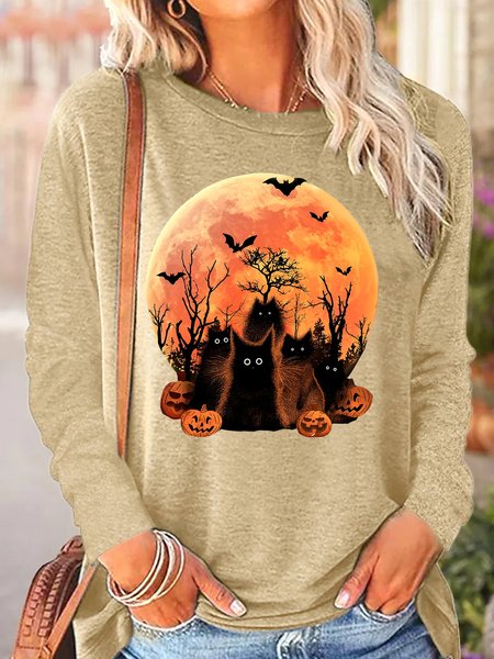 

Womens Halloween Black Cat Print Crew Neck Top, Apricot, Long sleeves