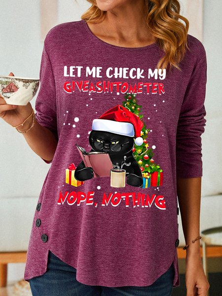 

Womens Funny Christmas Black Cat Print Top, Burgundy, Long sleeves