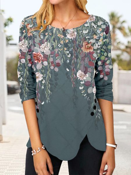 

Crew Neck Floral Buttoned Tops, Blue, Tops